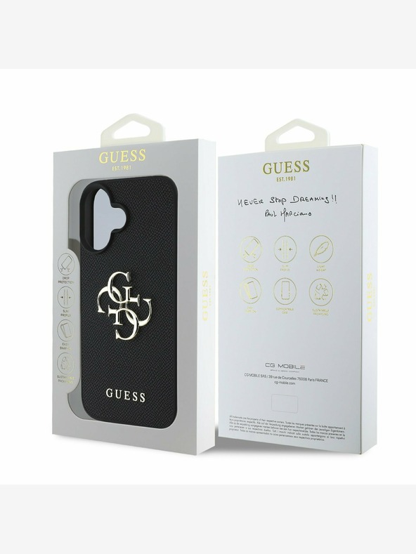 Guess Guess PU szemcsés 4G fém logós fém hátlap iPhone 16-hoz Fekete