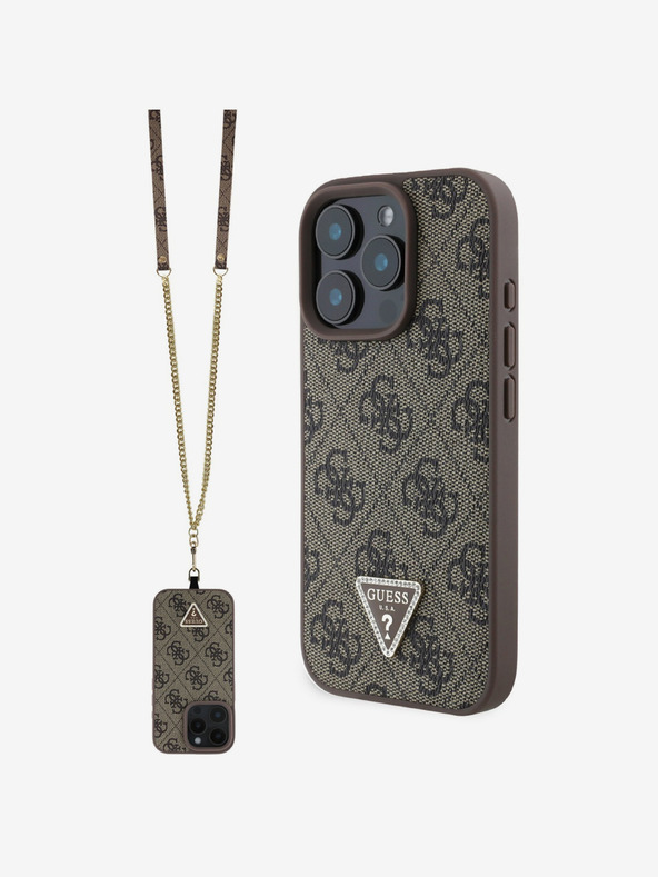Guess Guess PU 4G Strass háromszög fém logós hátlap + keresztpánt az iPhone 16 Pro-hoz Barna Barna