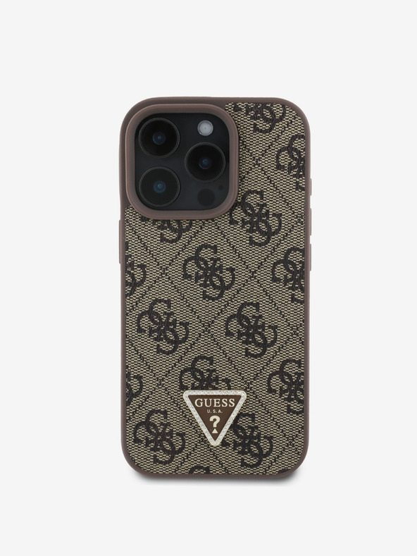 Guess Guess PU 4G Strass háromszög fém logós hátlap + keresztpánt az iPhone 16 Pro-hoz Barna Barna