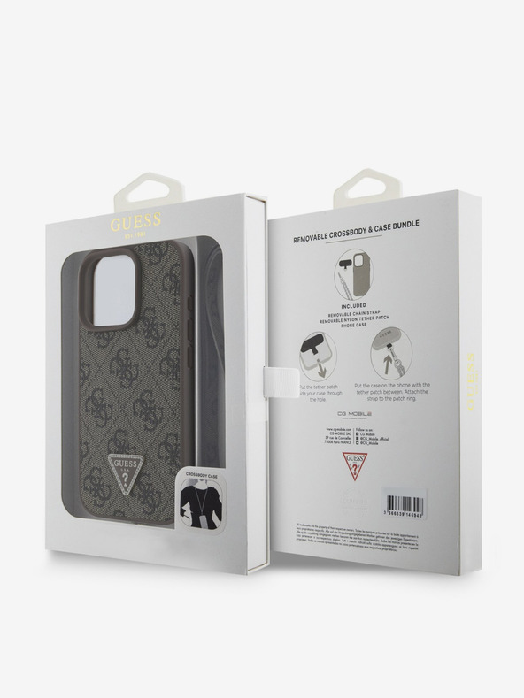 Guess Guess PU 4G Strass háromszög fém logós hátlap + keresztpánt az iPhone 16 Pro-hoz Barna Barna