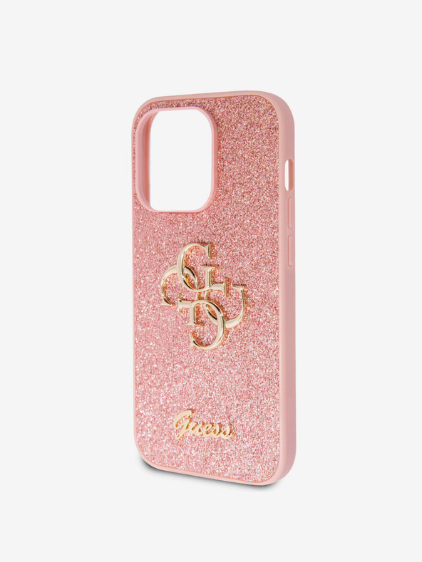 Guess Guess PU Fixed Glitter 4G fém logós hátlap iPhone 15 Pro készülékhez Rózsaszín