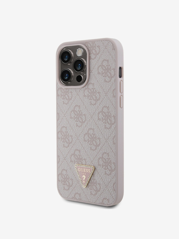 Guess PU 4G Strass Triangle Metal Logo Zadní Kryt pro iPhone 15 Pro Max Pink Telefontok