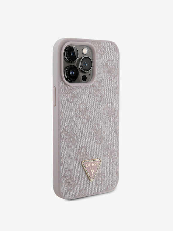 Guess PU 4G Strass Triangle Metal Logo Zadní Kryt pro iPhone 15 Pro Max Pink Telefontok