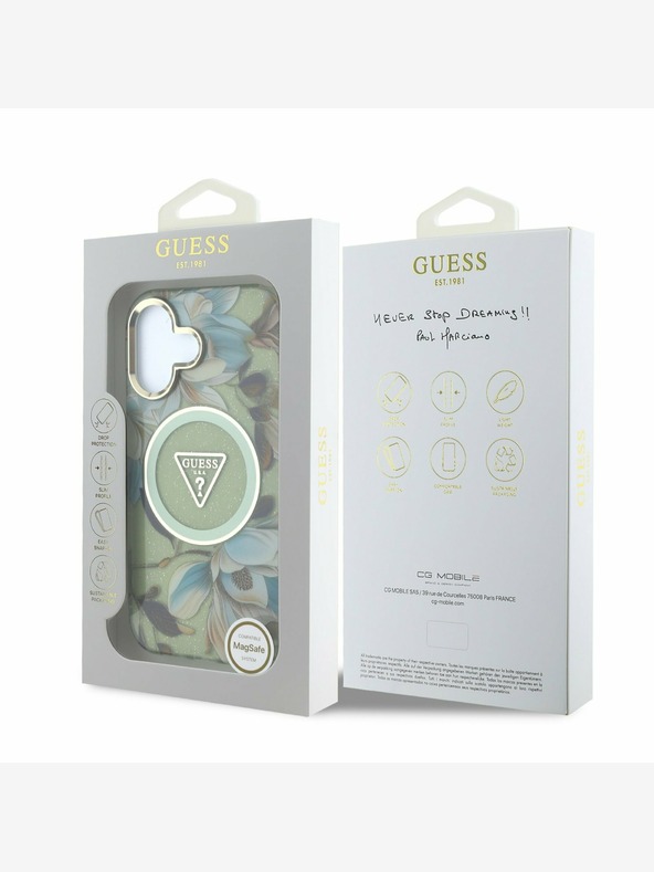 Guess Guess IML Glitter Magnolia és háromszög logó MagSafe hátlapi borító iPhone 16-hoz Zöld
