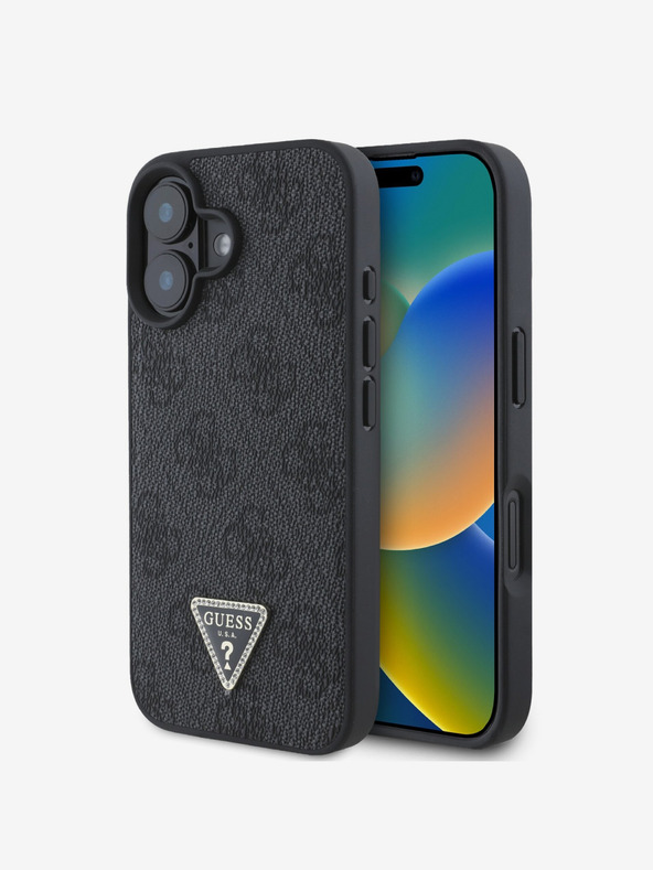 Guess Guess PU PU 4G Strass háromszög fém logós hátsó borító iPhone 16-hoz Fekete Fekete