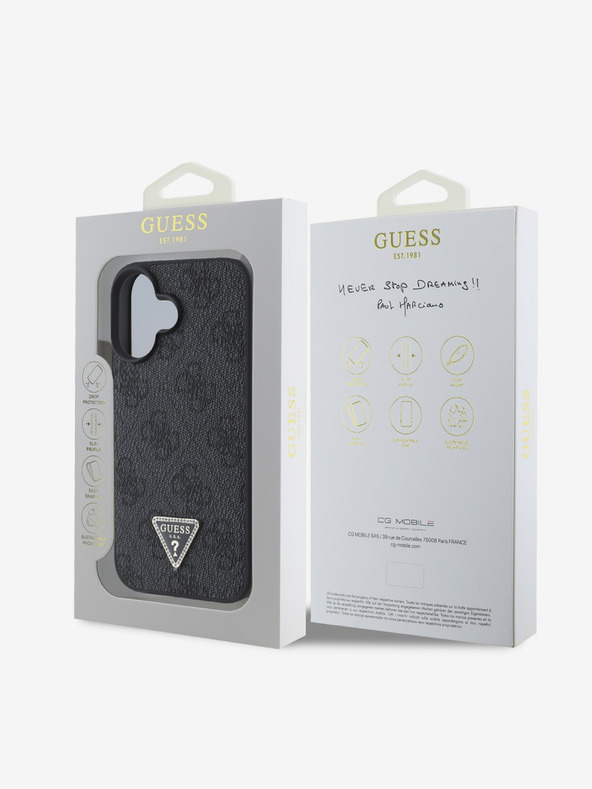 Guess Guess PU PU 4G Strass háromszög fém logós hátsó borító iPhone 16-hoz Fekete Fekete