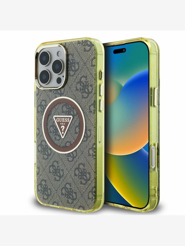 Guess Guess IML 4G csillogó és háromszög logóval ellátott MagSafe hátlap iPhone 16 Pro Max készülékhez Barna