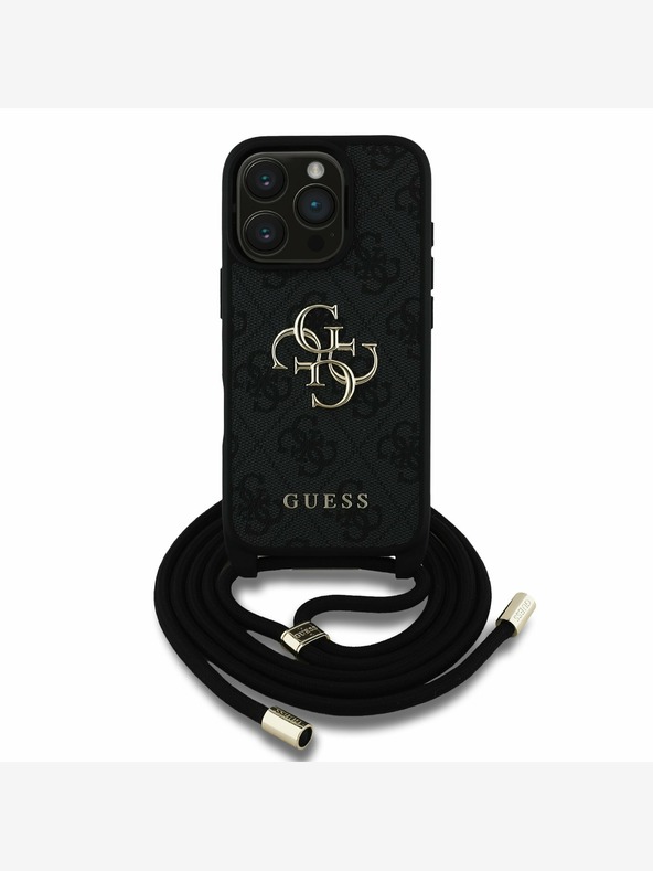 Guess Guess PU 4G fém logós fém testpántos hátsó borító az iPhone 16 Pro Max-hoz Fekete