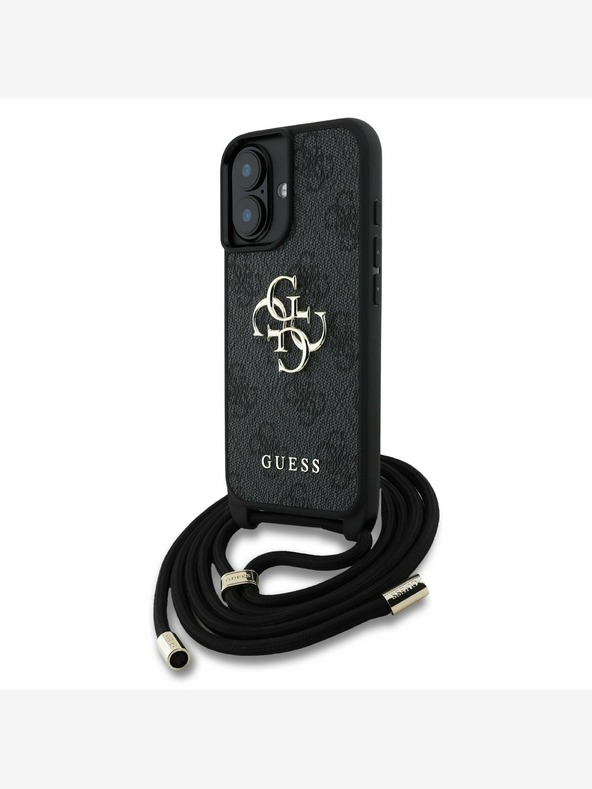 Guess Guess PU 4G fém logóval ellátott fém keresztpántos hátsó borító iPhone 16 készülékhez Fekete