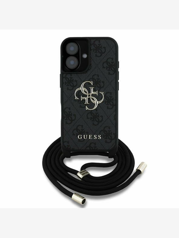 Guess Guess PU 4G fém logóval ellátott fém keresztpántos hátsó borító iPhone 16 készülékhez Fekete