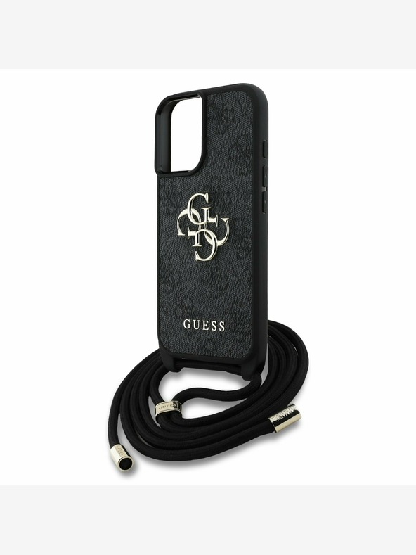 Guess Guess PU 4G fém logóval ellátott fém keresztpántos hátsó borító iPhone 16 készülékhez Fekete