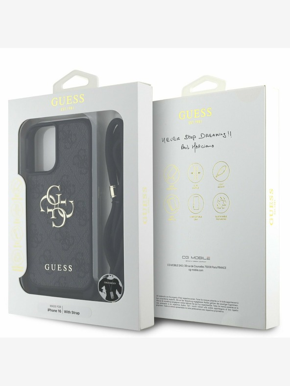 Guess Guess PU 4G fém logóval ellátott fém keresztpántos hátsó borító iPhone 16 készülékhez Fekete