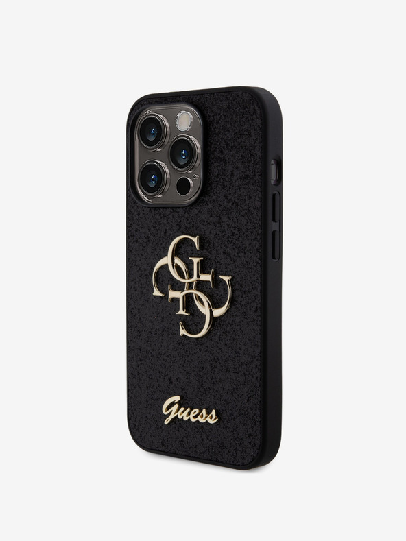 Guess Guess PU fix csillogó 4G fém logós fém hátlap iPhone 15 Pro-hoz Fekete