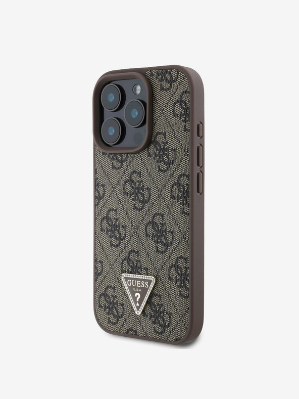 Guess Guess PU 4G Strass háromszög fém logóval ellátott fém logós hátlap iPhone 16 Pro Max Brownhoz