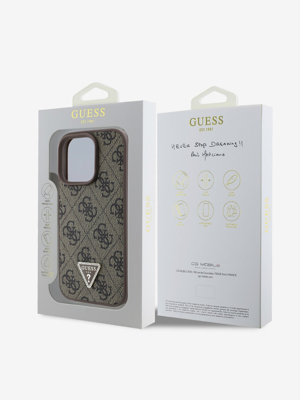 Guess Guess PU 4G Strass háromszög fém logóval ellátott fém logós hátlap iPhone 16 Pro Max Brownhoz