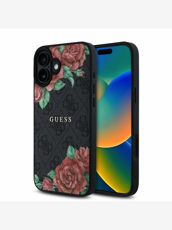 Guess Guess PU bőr 4G rózsák MagSafe hátlap iPhone 16-hoz Fekete