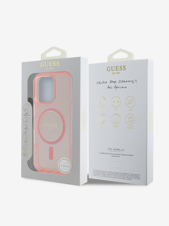 Guess Guess IML csillogó gyűrűs MagSafe hátlap iPhone 16 Pro készülékhez Rózsaszín