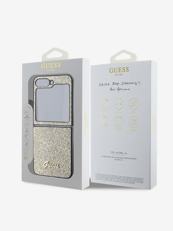 Guess Guess PC/TPU csillámpelyhek fém logó hátlap Samsung Galaxy Z Flip 6 arany