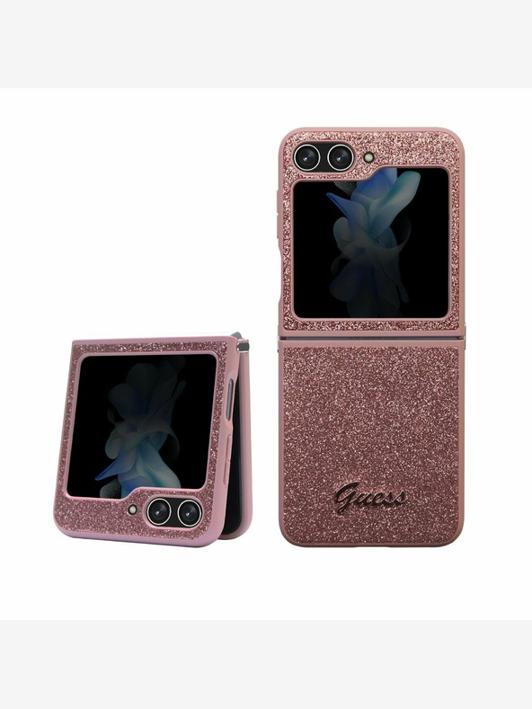 Guess PC/TPU Glitter Flakes Metal Logo Zadní Kryt pro Samsung Galaxy Z Flip 5 Pink Telefontok