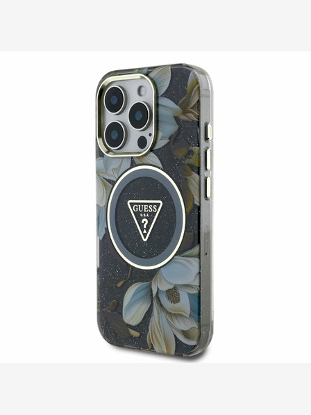 Guess Guess IML csillogó Magnólia és háromszög logóval ellátott MagSafe hátlapi borító iPhone 16 Pro készülékhez Fekete