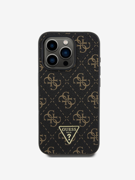 Guess Guess PU bőr 4G háromszög alakú fém logós hátsó borító iPhone 16 Pro Max-hoz Fekete