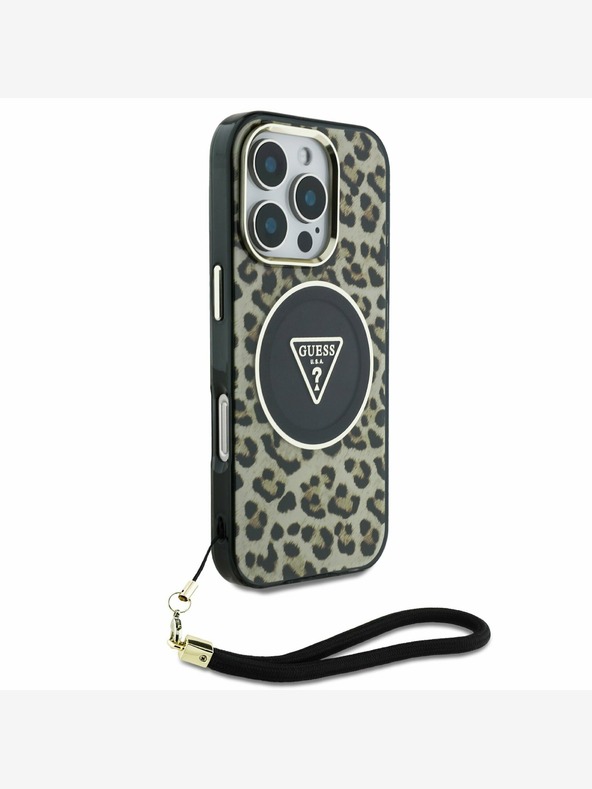Guess Guess IML Leopárd Leopárd háromszög logós pántos MagSafe hátlapi borító iPhone 16 Pro barna színű készülékhez