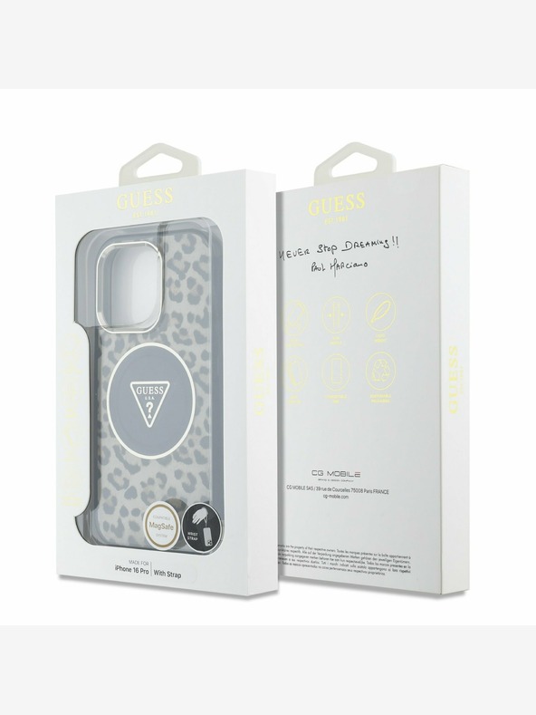 Guess Guess IML Leopárd Leopárd háromszög logós pántos MagSafe hátlapi borító iPhone 16 Pro barna színű készülékhez