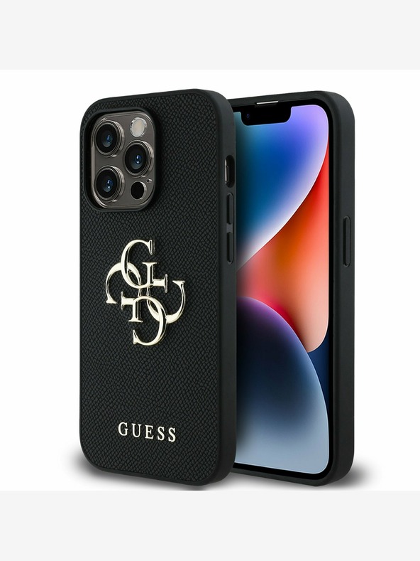 Guess Guess PU szemcsés 4G fém logós hátlapi borító iPhone 14 Pro készülékhez fekete