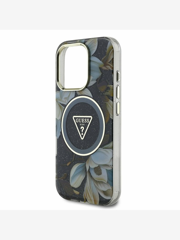 Guess Guess IML csillogó Magnólia és háromszög logó MagSafe hátlapi borító iPhone 16 Pro Max-hoz Fekete