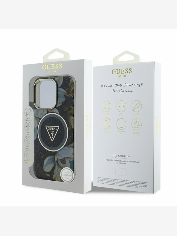 Guess Guess IML csillogó Magnólia és háromszög logó MagSafe hátlapi borító iPhone 16 Pro Max-hoz Fekete