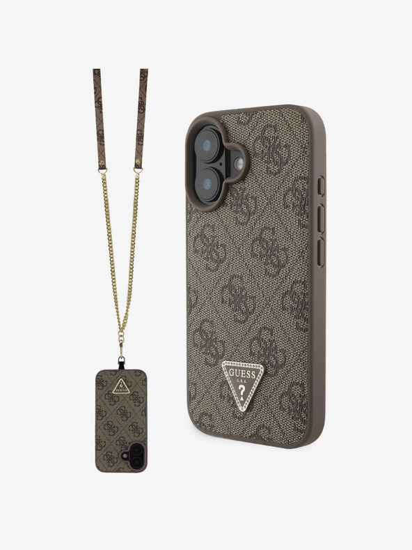 Guess Guess PU 4G Strass háromszög fém logós hátlap + keresztpánt iPhone 16-hoz Barna Barna