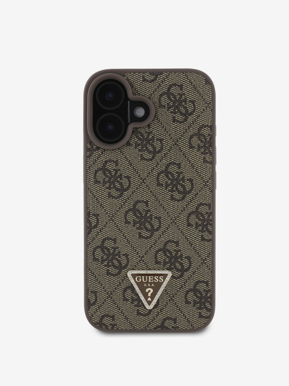 Guess Guess PU 4G Strass háromszög fém logós hátlap + keresztpánt iPhone 16-hoz Barna Barna