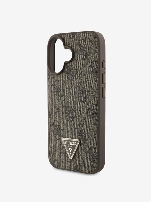 Guess Guess PU 4G Strass háromszög fém logós hátlap + keresztpánt iPhone 16-hoz Barna Barna