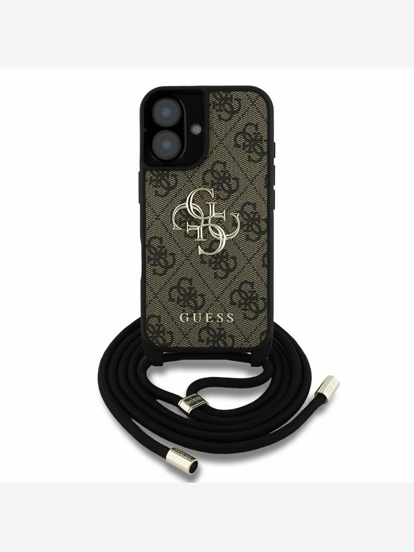 Guess Guess PU 4G fém logós fém logós keresztpántos hátsó borító iPhone 16 készülékhez Barna