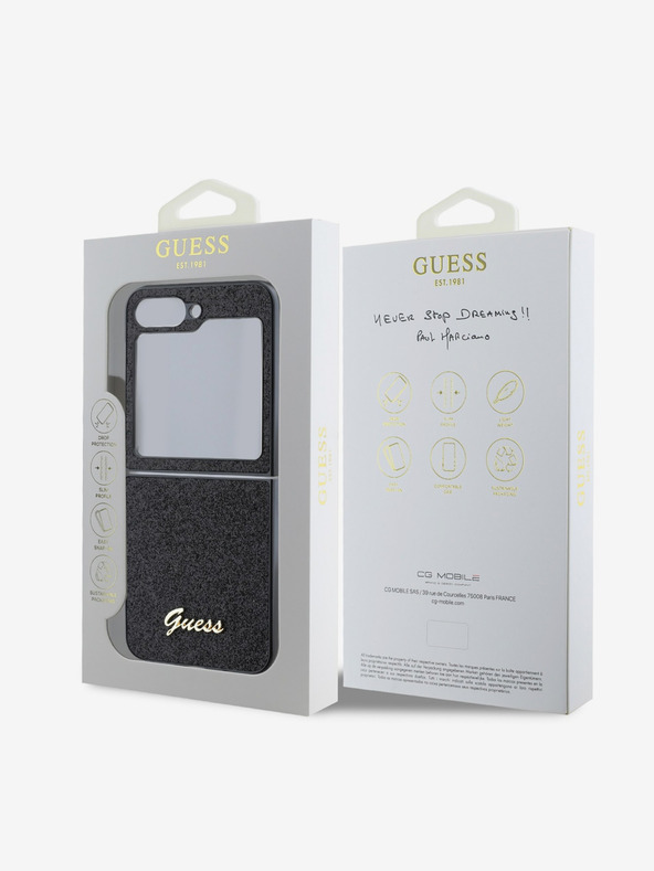 Guess Guess PC/TPU csillámpelyhek fém logós hátlap a Samsung Galaxy Z Flip 6-hoz Samsung Galaxy Z Flip 6 fekete
