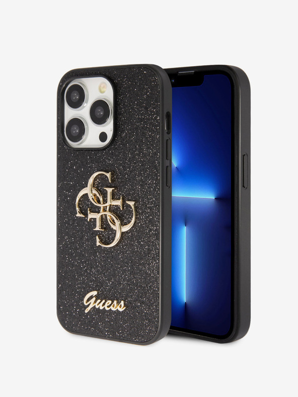 Guess Guess PU fix csillogó 4G fém logós fém hátlap iPhone 15 Pro Max-hoz Fekete