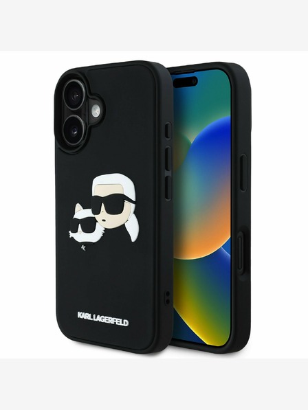 Karl Lagerfeld Karl Lagerfeld 3D gumiból készült dupla fejű hátlap iPhone 16 készülékhez Fekete