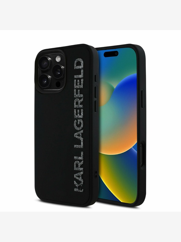 Karl Lagerfeld Karl Lagerfeld 3D gumiból készült csillogó logós hátlapi borító iPhone 16 Pro Max-hoz Fekete