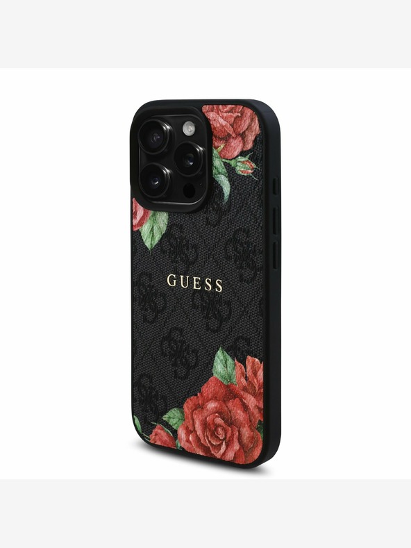 Guess Guess PU bőr 4G rózsák MagSafe hátlap iPhone 16 Pro fekete fekete