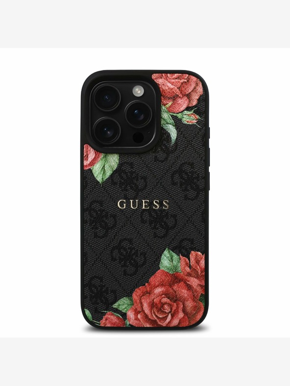 Guess Guess PU bőr 4G rózsák MagSafe hátlap iPhone 16 Pro fekete fekete