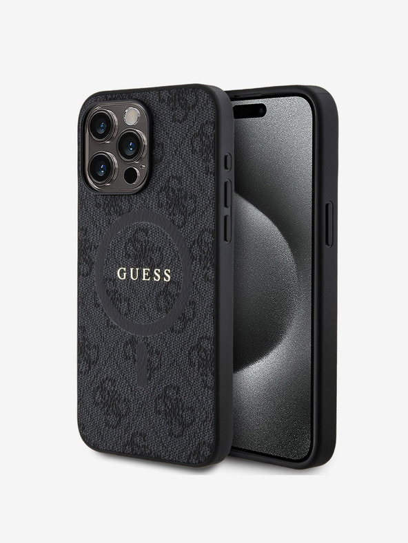 Guess Guess PU bőr 4G színes gyűrűs MagSafe hátlap iPhone 15 Pro Max-hoz Fekete