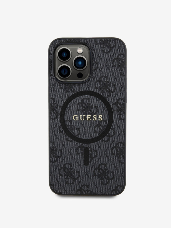 Guess Guess PU bőr 4G színes gyűrűs MagSafe hátlap iPhone 15 Pro Max-hoz Fekete