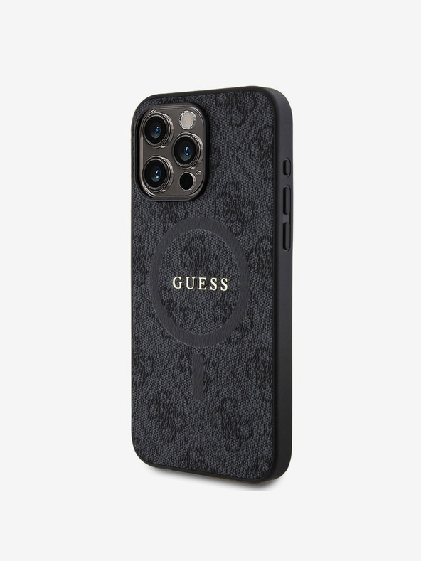 Guess Guess PU bőr 4G színes gyűrűs MagSafe hátlap iPhone 15 Pro Max-hoz Fekete