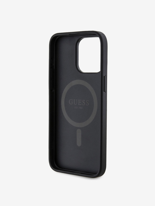 Guess Guess PU bőr 4G színes gyűrűs MagSafe hátlap iPhone 15 Pro Max-hoz Fekete