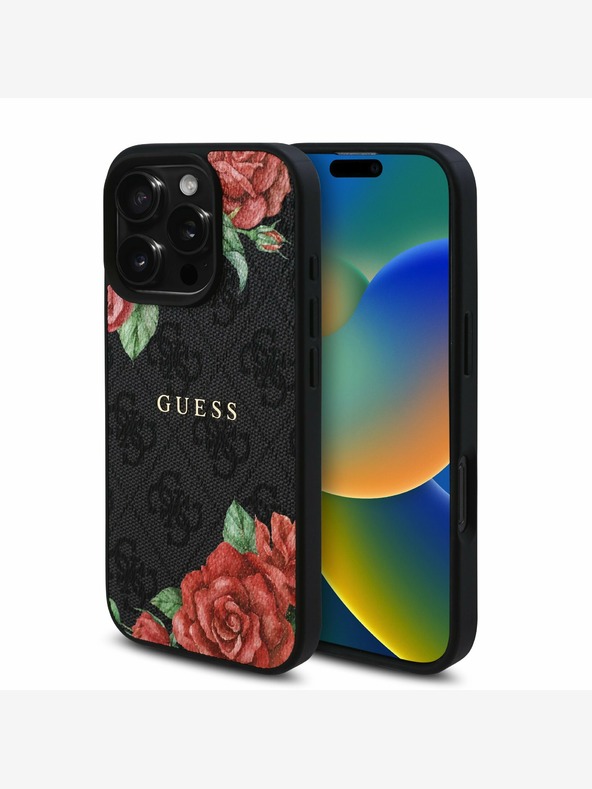 Guess Guess PU bőr 4G rózsák MagSafe hátlap iPhone 16 Pro Max-hoz Fekete
