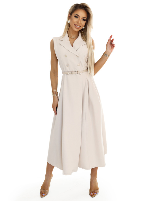 numoco Elegáns midi ingruha arany gombokkal és övvel - bézs Numoco