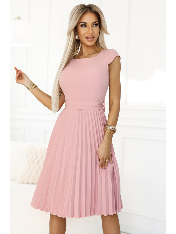 numoco Klasszikus öves rövid ujjú ruha övvel - púderrózsaszín