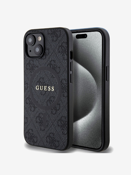 Guess Guess PU bőr 4G színes gyűrűs MagSafe hátlap iPhone 15-hez Fekete