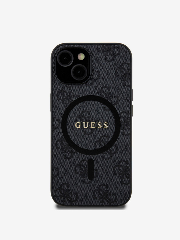 Guess Guess PU bőr 4G színes gyűrűs MagSafe hátlap iPhone 15-hez Fekete