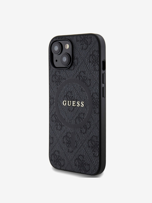 Guess Guess PU bőr 4G színes gyűrűs MagSafe hátlap iPhone 15-hez Fekete